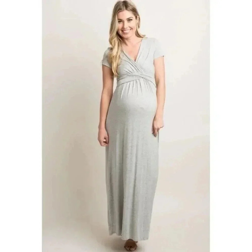 Pinkblush Maternity Light Gray Drape Front Short Sleeve Maxi Dress S